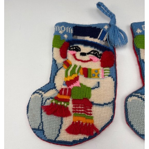Handmade Needlepoint Snowman Mini Christmas Stockings Mom Dad Set Bright Colors - Picture 2 of 10